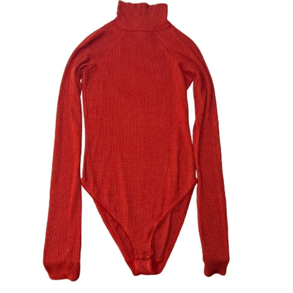 INTIMATELY FREE PEOPLE Burnt Orange Waffle Knit Turtleneck Bodysuit Size S - Picture 2 of 9